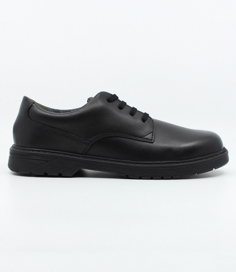 Black boys leather lace‑up school shoe with padded collar, breathable lining and flexible sole.