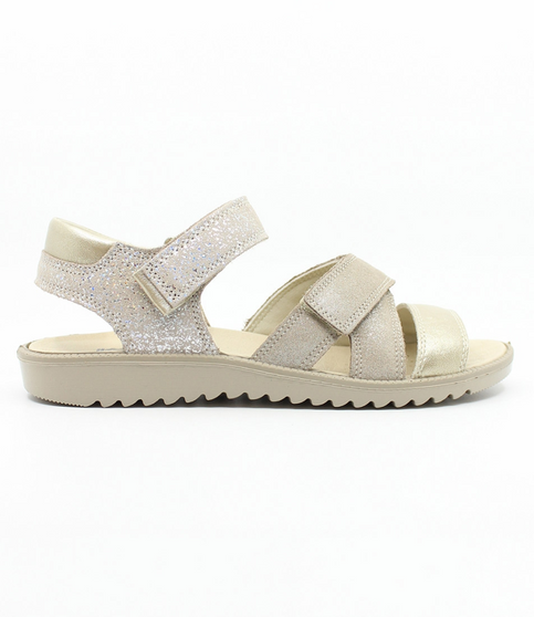 Gold girls metallic leather open‑toe sandal with glitter straps and cushioned sole.