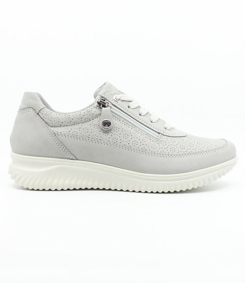 Grey women’s suede casual sneaker with laser‑cut detail, lace‑up front and side zip.