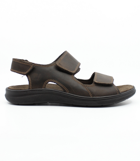 Caffe/Marrone men’s leather open‑toe sandal with triple hook‑and‑loop straps and cushioned sole.