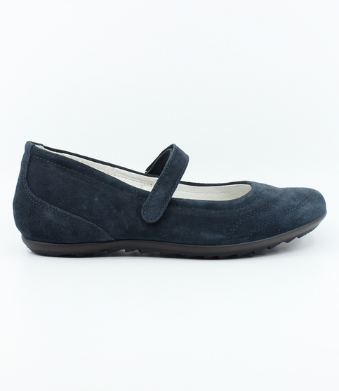 Navy/Blue women’s suede leather Mary Jane with hook‑and‑loop strap and flexible sole.