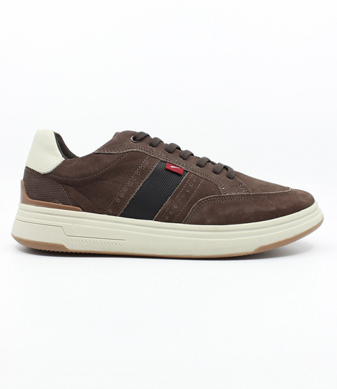 Tabacco men’s leather casual sneaker with perforated detail, cushioned footbed and contrast heel.