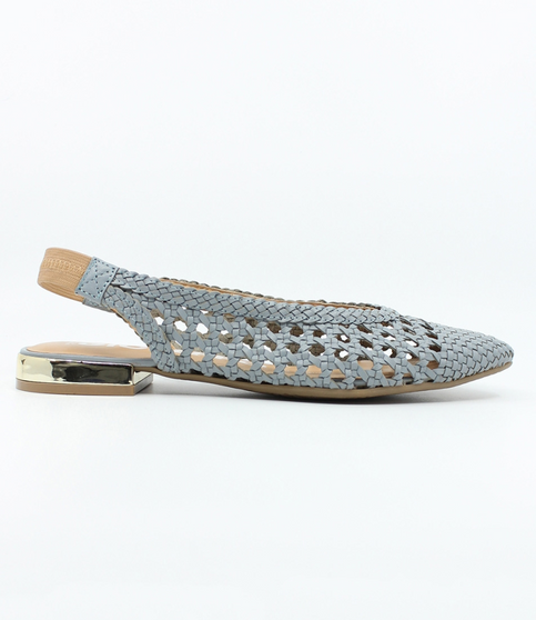 Light Blue women’s woven leather slingback flat with pointed toe and metallic heel.
