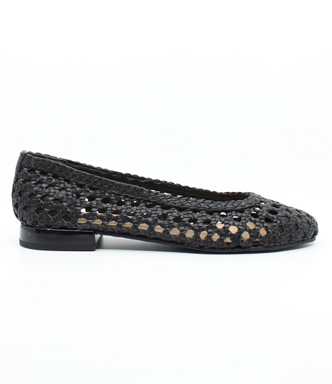 Black women’s woven leather flat with rounded toe and low polished heel.