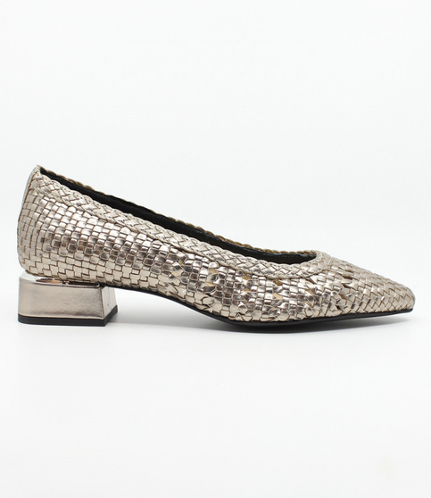 Dark Silver women’s woven leather flat with pointed toe and metallic block heel.