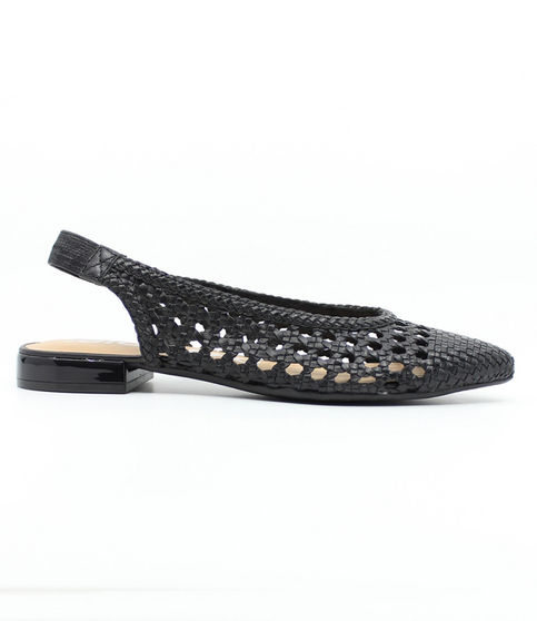 Black women’s woven leather slingback flat with pointed toe and glossy heel.