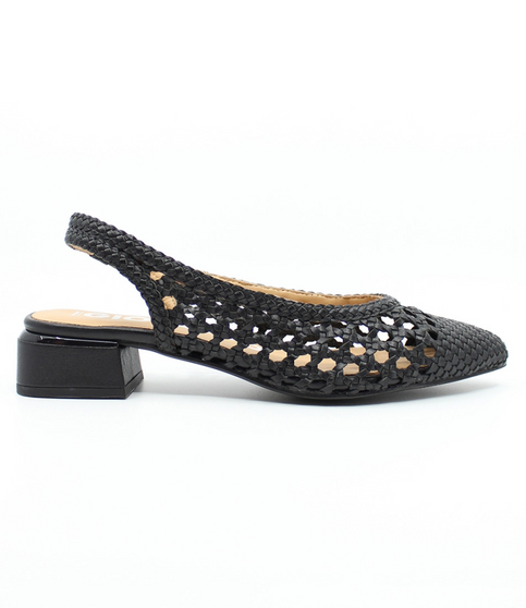 Black women’s woven leather slingback shoe with pointed toe and polished block heel.