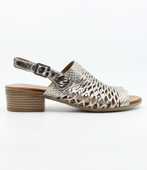 Pewter women’s laser‑cut leather sandal with adjustable strap and low block heel.