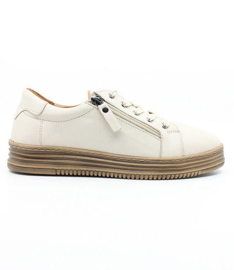 Cream women’s leather casual sneaker with lace‑up front, side zip and cushioned insole.