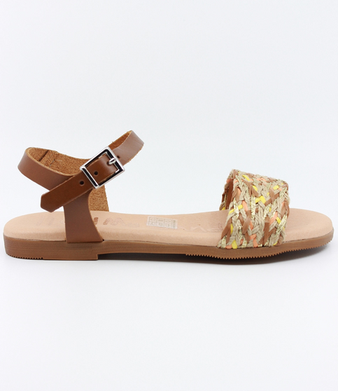 Tan girls’ woven leather flat sandal with ankle strap and cushioned footbed.