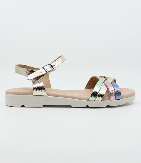 Metallic Multi girls’ multi‑strap leather flat sandal with ankle strap and cushioned footbed.