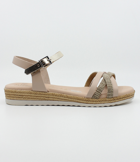 Nude girls’ woven leather flat sandal with ankle strap and cushioned footbed.
