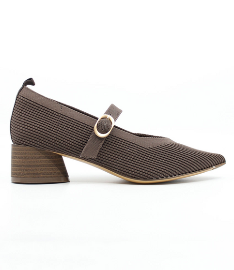 Cocoa women’s ribbed flyknit low‑heel Mary Jane pump with pointed toe and cushioned footbed.