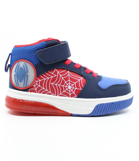Navy/Red boys’ Spider‑Man inspired mid‑cut sneaker with web pattern, hook‑and‑loop strap and cushioned sole.