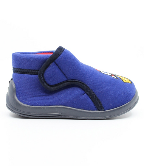 Navy boys’ soft synthetic fabric indoor slipper with space motif, hook‑and‑loop strap and flexible sole.