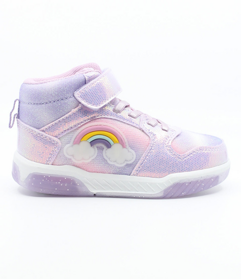 Lilac Multi girls’ iridescent mid‑cut sneaker with rainbow motif, hook‑and‑loop strap and cushioned sole.