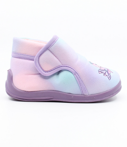 Rainbow girls’ pastel indoor slipper with mermaid motif, hook‑and‑loop strap and flexible sole.