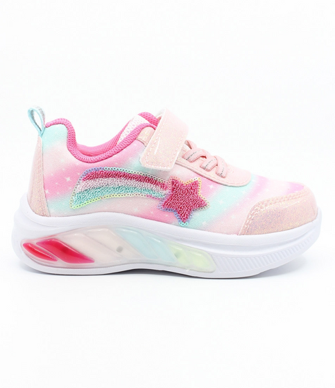 Pink Multi girls’ pastel rainbow light‑up sneaker with shooting‑star motif, hook‑and‑loop strap and cushioned sole.