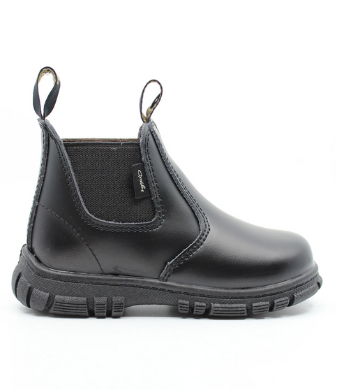 Black kids’ leather ankle boot with elastic gussets, pull tabs and durable outsole.
