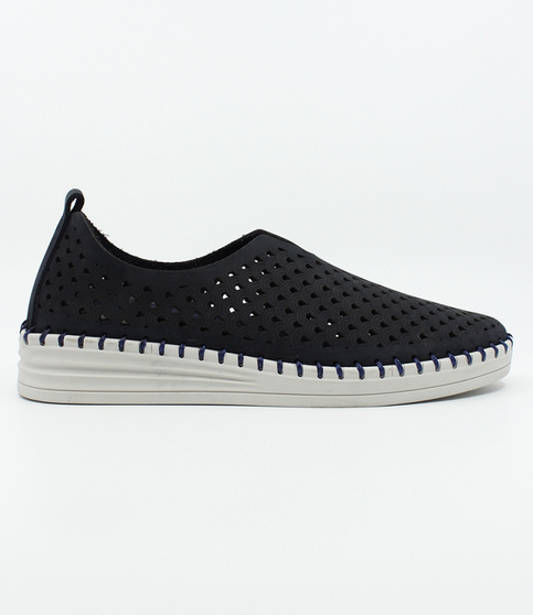 Deep Ocean women’s nubuck perforated slip‑on with scalloped pattern, contrast stitching and cushioned sole.