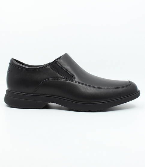 Black men’s leather slip‑on dress shoe with elastic gussets and cushioned sole.
