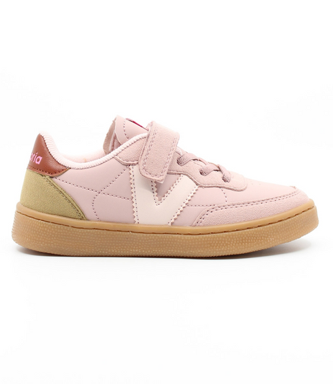 Pink kids' man-made sports sneaker with suede-effect panels, hook-and-loop strap and caramel sole.