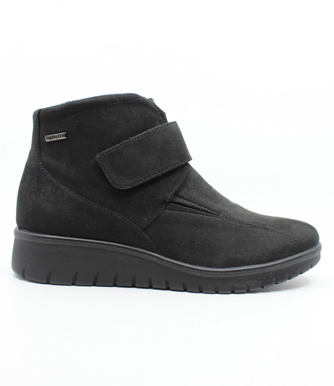 Schwarz women's fabric ankle boot with Top Dry Tex waterproof protection, hook-and-loop strap and flexible sole.