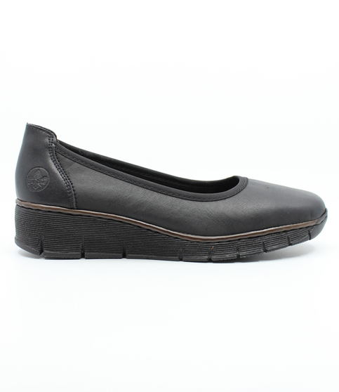 Black women's leather slip-on shoe with cushioned footbed and flexible platform sole.