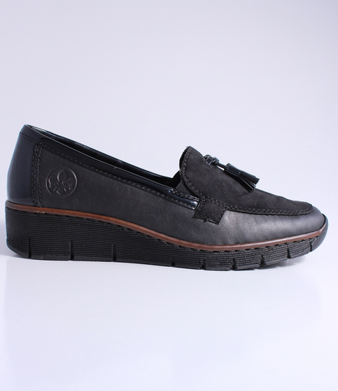 Black women's leather loafer with tassel detail, cushioned footbed and flexible platform sole.