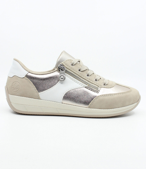 Ginger women's leather sneaker with metallic upper, suede accents, side zipper and cushioned footbed.