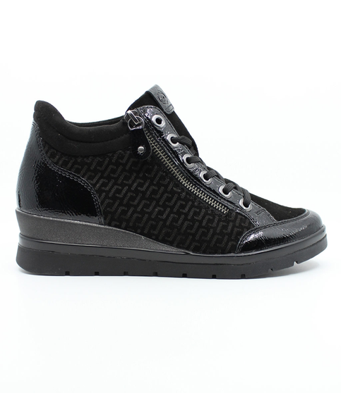 Black women's leather ankle sneaker with mixed textures, side zipper and cushioned footbed.