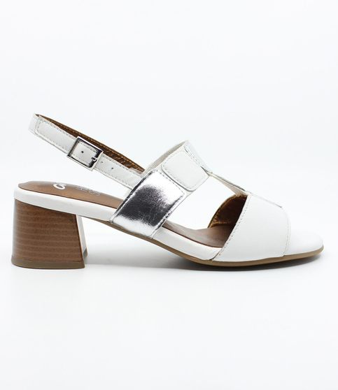 White Silver women's leather sandal with crossover straps, padded insoles and block heel.