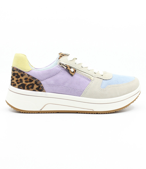 Multi women's leather and suede comfort sneaker with lace-up front, side zip and flexible sole.