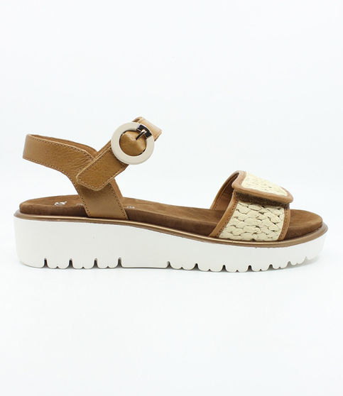 Cognac Tan women's leather and raffia sandal with Velcro fastening, padded insoles and platform sole.