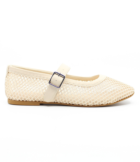 Beige women's mesh-lace Mary-Jane flat with buckle strap and cushioned insole.
