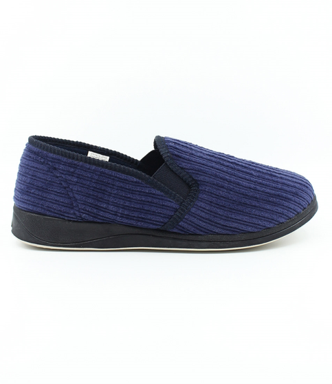 Navy men's ribbed fabric closed-back slipper with twin gussets and non-slip sole.