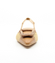 Front view showing the DALI tan slingback with woven raffia front, open back and low heel.