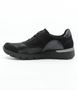 Side view of the RAMONA 02 showing the black leather upper, rounded toe and low-profile sole.