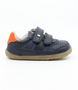 Hunter showing the navy leather upper, orange detailing and double hook‑and‑loop straps.