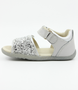 Gem showing the silver leather upper, glitter strap and open toe.