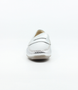 Metallic-sheen moccasin slip-on with penny trim and raised heel, silver finish.