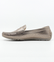 Perforated leather loafer with cushioned insole and raised rubber heel, bronze finish.