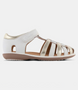 White and gold metallic toddler cage-toe sandal with closed heel and single self-fastening strap