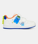 White kids sneaker with dual self‑fastening straps and contoured footbed