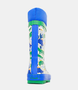 Blue and green kids gumboot with dinosaur print, toggle fastening and green sole