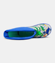 Blue and green kids gumboot with dinosaur print, toggle fastening and green sole