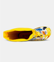 Yellow kids gumboot with dinosaur print, toggle fastening and yellow sole