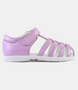 Violet toddler cage-toe sandal with closed heel and single self-fastening strap