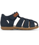 Navy leather toddler cage-toe sandal with closed heel, strappy upper and single self-fastening strap
