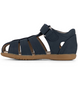 Navy leather toddler cage-toe sandal with closed heel, strappy upper and single self-fastening strap